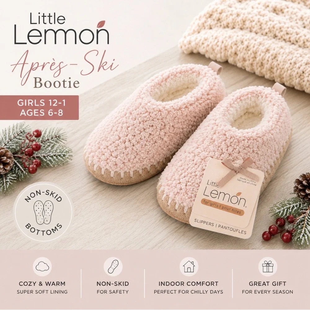 NWT Little Lemon Girls Apres Ski Bootie Slippers Pink 12-1 Non-Skid